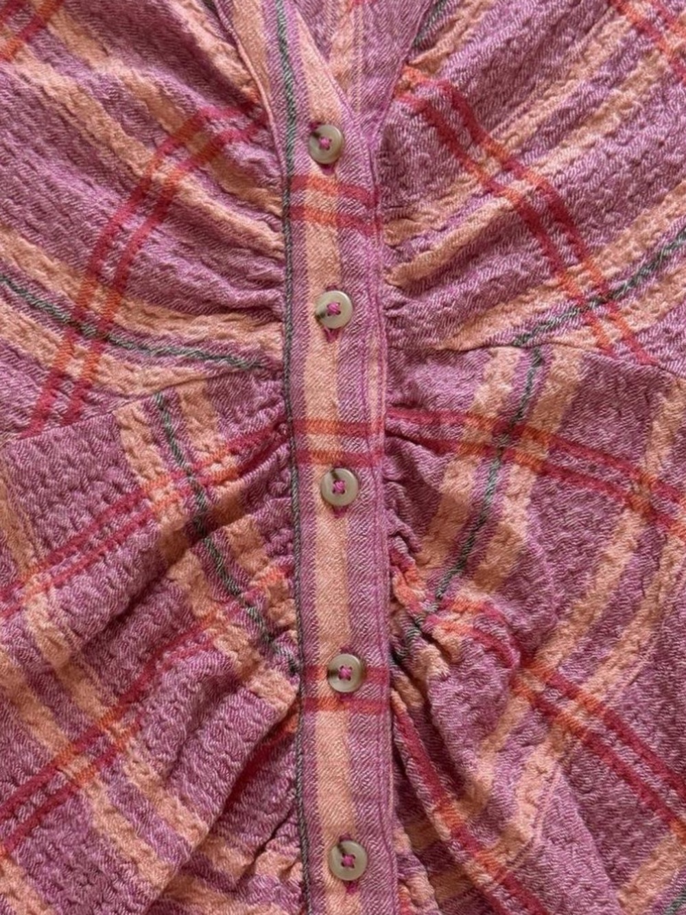 Anthropologie Pilcro Ruched Deep V-Neck Pink Buttondown Plaid Blouse Women’s M - Picture 8 of 10